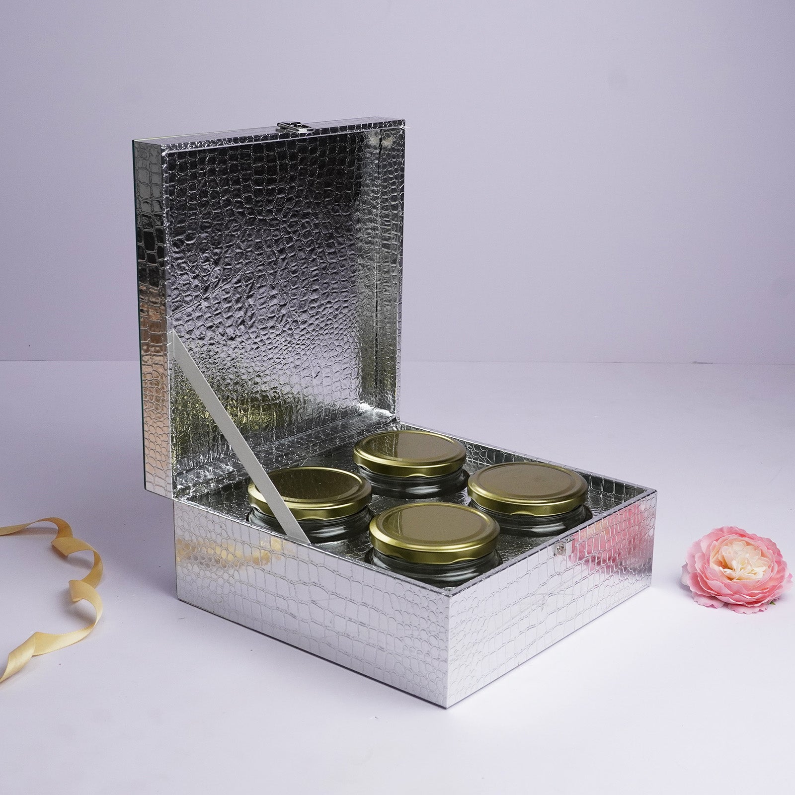 4 Jar  Silver Textured Gift Box